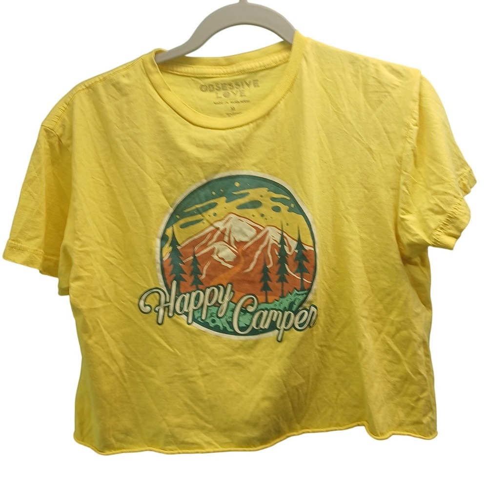 Obsessive Love Yellow Happy Camper Graphic Cropped T Shirt Top Size‎ M